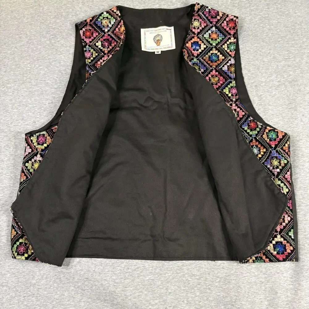 Anter Fashion Embroidered Vest Womens Medium Boho‎ Folk Geometric Rainbow Black